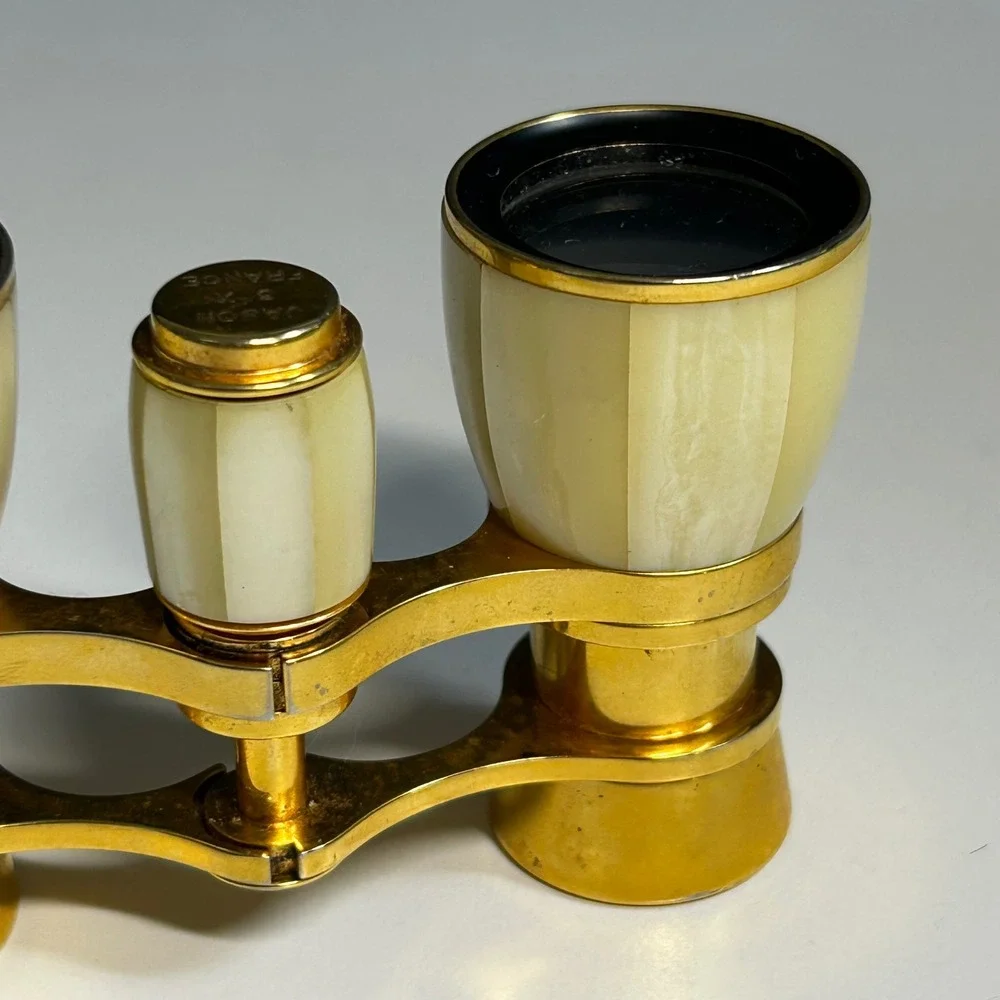 Vintage Jason 3x France Opera Glasses Mother of Pearl Style Gold Tone Binoculars